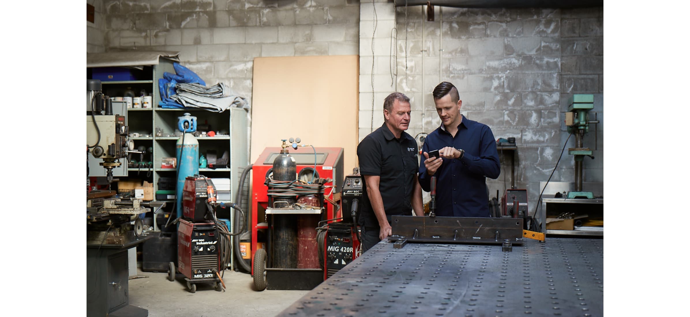 Ken from Made In Metal chats with Nathan from Maisey Harris & Co in their workshop.